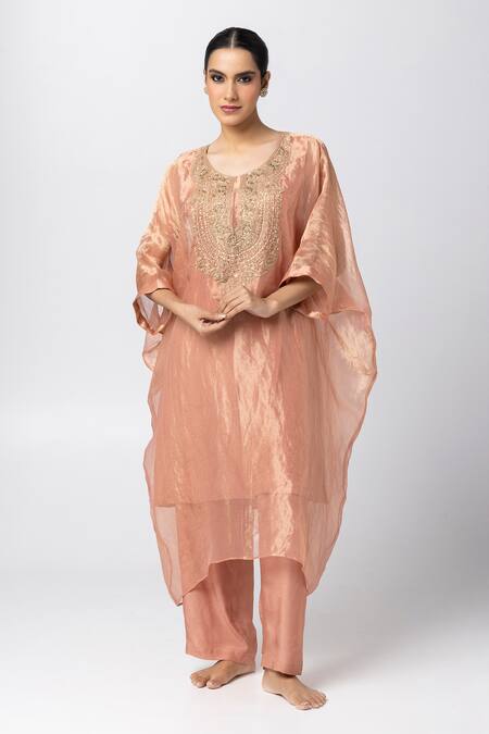 Buy Pants And Pajamas Pink Cotton, Silk, Tissue Sequins, Zari Round Neck Hand Embroidered Kaftan Online at Aza Fashions Buy_Pants And Pajamas_Pink Cotton, Silk, Tissue Sequins, Zari Round Neck Hand Embroidered Kaftan _Online_at_Aza_Fashions
