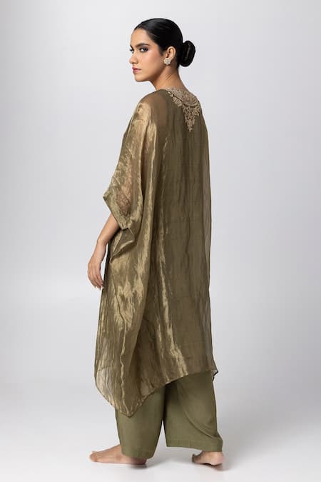 Shop Pants And Pajamas Green Cotton, Silk, Tissue Embroidery Round Neck Floral Hand Kaftan at Aza Fashions Shop_Pants And Pajamas_Green Cotton, Silk, Tissue Embroidery Round Neck Floral Hand Kaftan _at_Aza_Fashions