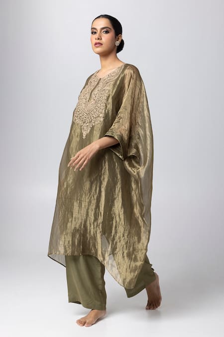 Pants And Pajamas Green Cotton, Silk, Tissue Embroidery Round Neck Floral Hand Kaftan Online at Aza Fashions Pants And Pajamas_Green Cotton, Silk, Tissue Embroidery Round Neck Floral Hand Kaftan _Online_at_Aza_Fashions