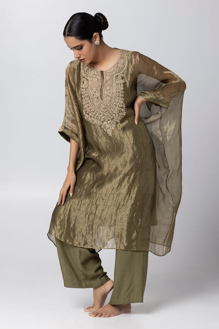 Buy Pants And Pajamas Green Cotton, Silk, Tissue Embroidery Round Neck Floral Hand Kaftan Online at Aza Fashions Buy_Pants And Pajamas_Green Cotton, Silk, Tissue Embroidery Round Neck Floral Hand Kaftan _Online_at_Aza_Fashions