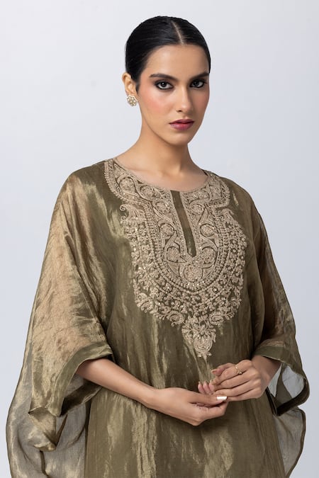 Shop Pants And Pajamas Green Cotton, Silk, Tissue Embroidery Round Neck Floral Hand Kaftan Online at Aza Fashions Shop_Pants And Pajamas_Green Cotton, Silk, Tissue Embroidery Round Neck Floral Hand Kaftan _Online_at_Aza_Fashions