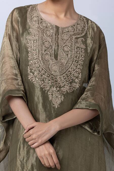 Pants And Pajamas Green Cotton, Silk, Tissue Embroidery Round Neck Floral Hand Kaftan at Aza Fashions Pants And Pajamas_Green Cotton, Silk, Tissue Embroidery Round Neck Floral Hand Kaftan _at_Aza_Fashions