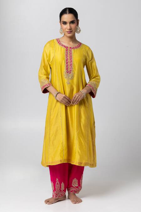 Pants And Pajamas Yellow Silk, Chanderi, Voile Zari, Sequins Round Neck Floral Embroidered Kurta Online at Aza Fashions Pants And Pajamas_Yellow Silk, Chanderi, Voile Zari, Sequins Round Neck Floral Embroidered Kurta _Online_at_Aza_Fashions