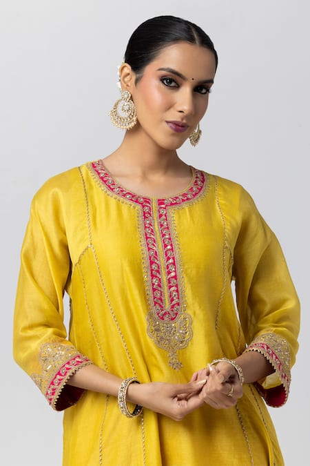 Buy Pants And Pajamas Yellow Silk, Chanderi, Voile Zari, Sequins Round Neck Floral Embroidered Kurta Online at Aza Fashions Buy_Pants And Pajamas_Yellow Silk, Chanderi, Voile Zari, Sequins Round Neck Floral Embroidered Kurta _Online_at_Aza_Fashions