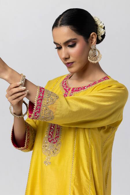 Shop Pants And Pajamas Yellow Silk, Chanderi, Voile Zari, Sequins Round Neck Floral Embroidered Kurta Online at Aza Fashions Shop_Pants And Pajamas_Yellow Silk, Chanderi, Voile Zari, Sequins Round Neck Floral Embroidered Kurta _Online_at_Aza_Fashions