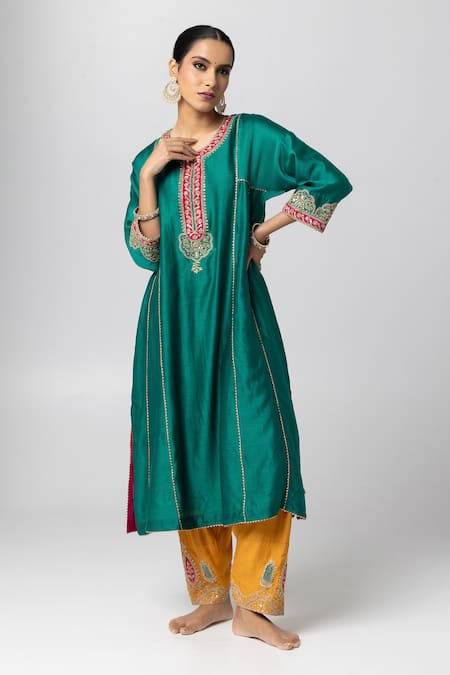 Pants and Pajamas Silk Chanderi Contrast Placket Embroidered Kurta 