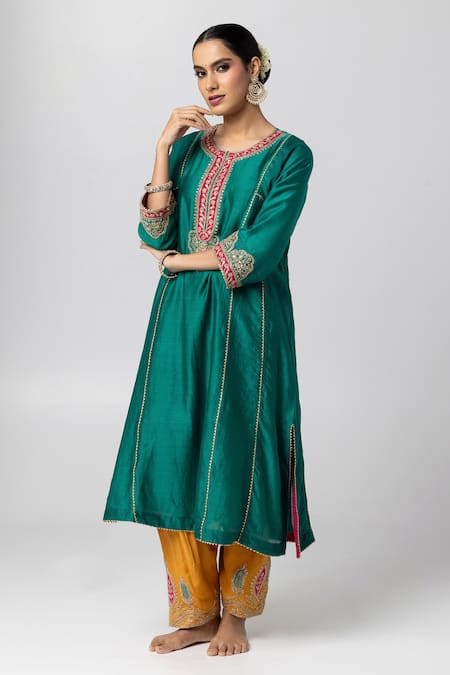 Buy_Pants And Pajamas_Green Silk, Chanderi, Voile Embroidery Round Neck Contrast Placket Kurta _Online_at_Aza_Fashions