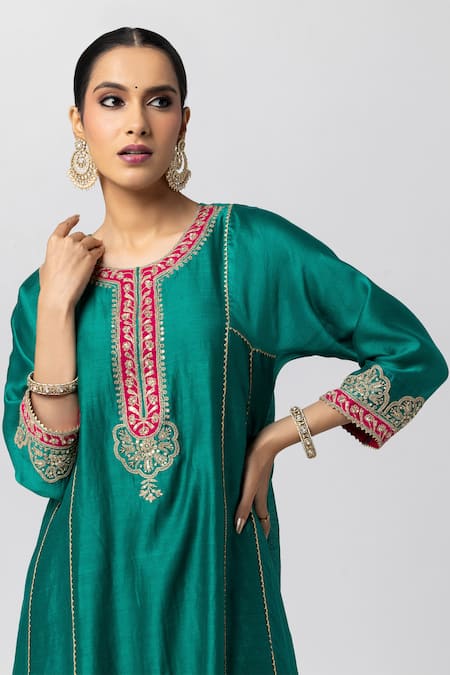 Shop_Pants And Pajamas_Green Silk, Chanderi, Voile Embroidery Round Neck Contrast Placket Kurta _Online_at_Aza_Fashions