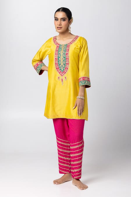 Pants and Pajamas Silk Chanderi Embroidered Short Kurta 