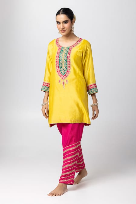 Pants And Pajamas_Yellow Silk, Chanderi, Voile Embroidery, Zari, Sequins Round Neck Short Kurta _Online_at_Aza_Fashions