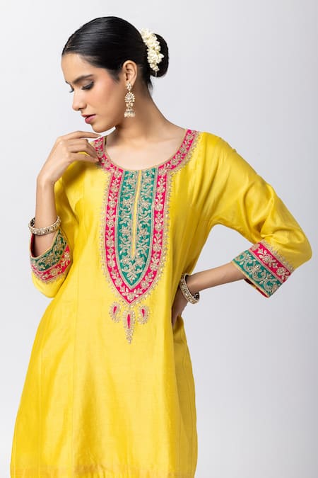 Buy_Pants And Pajamas_Yellow Silk, Chanderi, Voile Embroidery, Zari, Sequins Round Neck Short Kurta _Online_at_Aza_Fashions