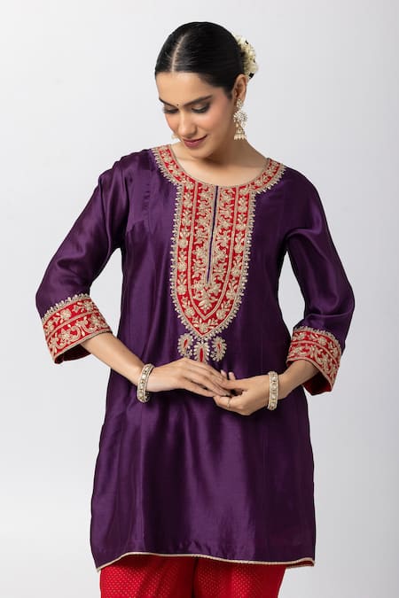 Pants and Pajamas Purple Silk Chanderi Embroidery Floral Round Neck Short Kurta 