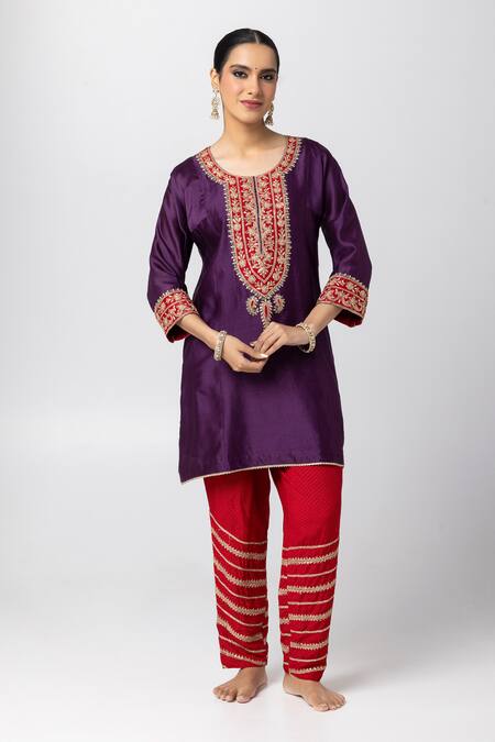 Pants And Pajamas_Purple Silk, Chanderi, Voile Embroidery Round Neck Floral Short Kurta _Online_at_Aza_Fashions