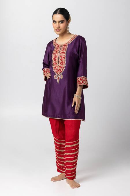 Shop_Pants And Pajamas_Purple Silk, Chanderi, Voile Embroidery Round Neck Floral Short Kurta _Online_at_Aza_Fashions