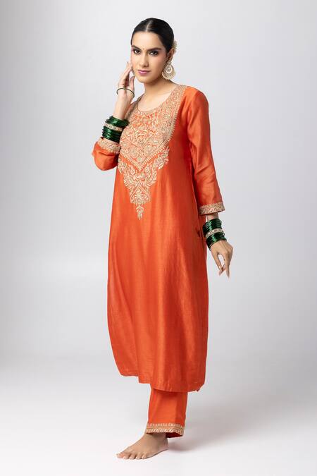 Pants And Pajamas_Orange Silk, Chanderi, Cotton, Voile Sequins, Paisley Pattern Kurta Pant Set _Online_at_Aza_Fashions