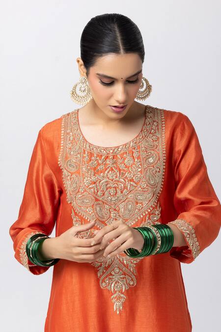 Buy_Pants And Pajamas_Orange Silk, Chanderi, Cotton, Voile Sequins, Paisley Pattern Kurta Pant Set _Online_at_Aza_Fashions