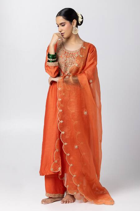 Shop_Pants And Pajamas_Orange Silk, Chanderi, Cotton, Voile Sequins, Paisley Pattern Kurta Pant Set _Online_at_Aza_Fashions