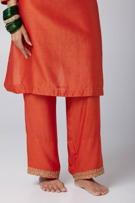 Pants And Pajamas_Orange Silk, Chanderi, Cotton, Voile Sequins, Paisley Pattern Kurta Pant Set _at_Aza_Fashions