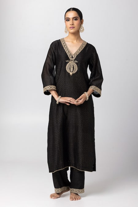 Pants and Pajamas Black Kurta Silk Chanderi Printed Sequin V Neck Polka Dot And Pant Set 