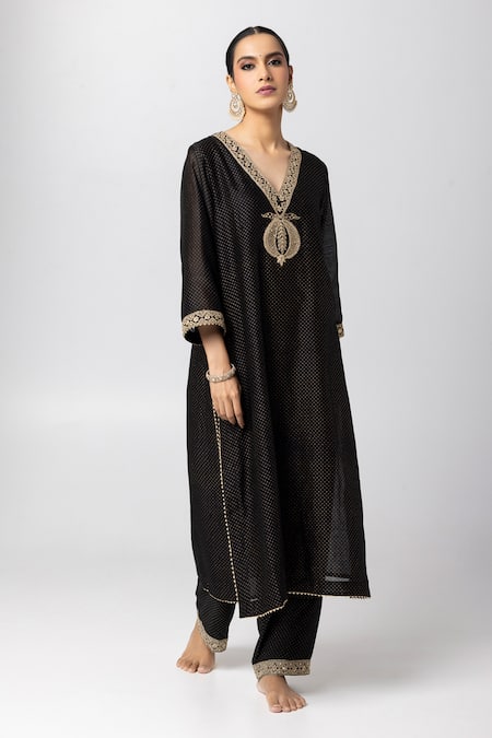 Pants And Pajamas Black Silk, Chanderi, Cotton, Voile Embroidery, Polka Dot Print Kurta And Pant Set Online at Aza Fashions Pants And Pajamas_Black Silk, Chanderi, Cotton, Voile Embroidery, Polka Dot Print Kurta And Pant Set _Online_at_Aza_Fashions