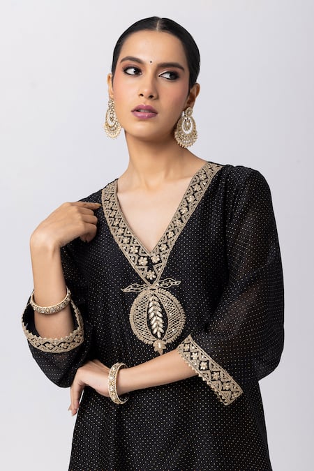 Shop Pants And Pajamas Black Silk, Chanderi, Cotton, Voile Embroidery, Polka Dot Print Kurta And Pant Set Online at Aza Fashions Shop_Pants And Pajamas_Black Silk, Chanderi, Cotton, Voile Embroidery, Polka Dot Print Kurta And Pant Set _Online_at_Aza_Fashions