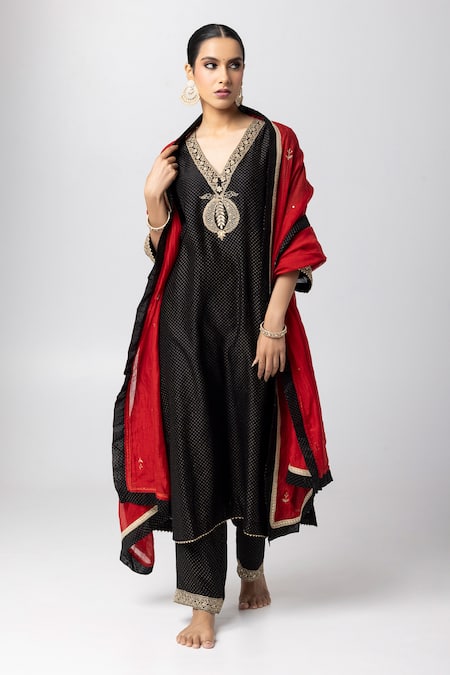 Pants And Pajamas Black Silk, Chanderi, Cotton, Voile Embroidery, Polka Dot Print Kurta And Pant Set at Aza Fashions Pants And Pajamas_Black Silk, Chanderi, Cotton, Voile Embroidery, Polka Dot Print Kurta And Pant Set _at_Aza_Fashions