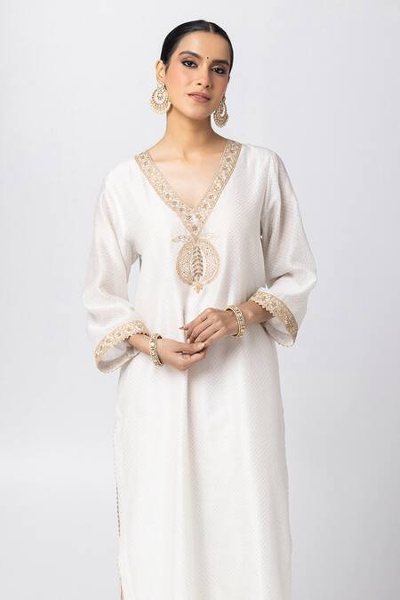 Pants And Pajamas_White Silk, Cotton, Voile Sequins, Embroidery Polka Dot Print Kurta And Pant Set _Online_at_Aza_Fashions