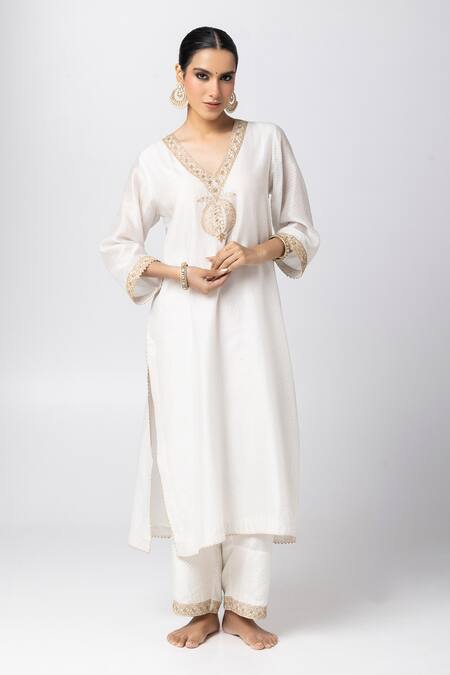 Buy_Pants And Pajamas_White Silk, Cotton, Voile Sequins, Embroidery Polka Dot Print Kurta And Pant Set _Online_at_Aza_Fashions