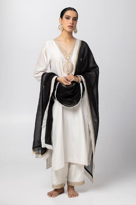Shop_Pants And Pajamas_White Silk, Cotton, Voile Sequins, Embroidery Polka Dot Print Kurta And Pant Set _Online_at_Aza_Fashions