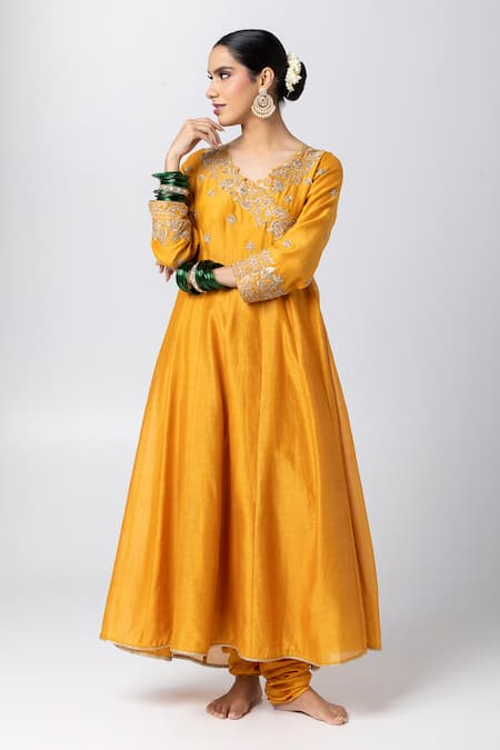 Pants and Pajamas Yellow Anarkali Silk Chanderi Embroidered Sequin V Neck Floral Angarkha Set 