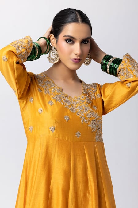 Buy_Pants And Pajamas_Yellow Silk, Chanderi, Voile Sequins, Embroidery Floral Angarkha Anarkali Set _Online_at_Aza_Fashions
