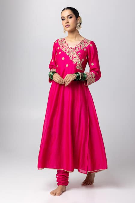 Pants and Pajamas Pink Kurta Silk Chanderi Embroidered Sequin V Floral Angarkha Anarkali Set 