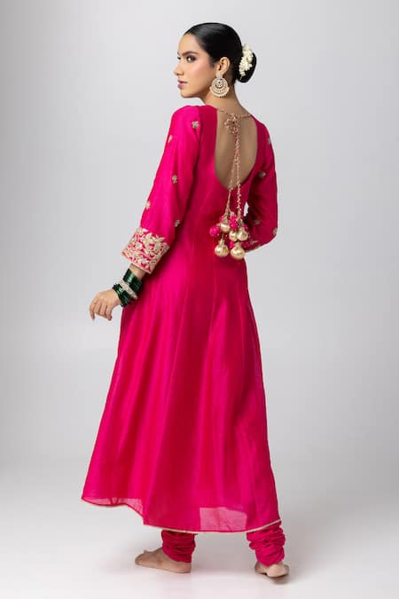 Shop Pants And Pajamas Pink Silk, Chanderi Embroidery V-neck Floral Angarkha Anarkali Set at Aza Fashions Shop_Pants And Pajamas_Pink Silk, Chanderi Embroidery V-neck Floral Angarkha Anarkali Set _at_Aza_Fashions
