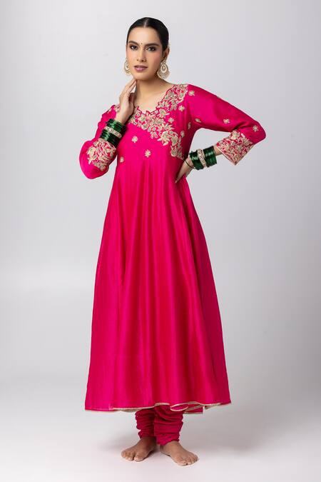 Pants And Pajamas Pink Silk, Chanderi Embroidery V-neck Floral Angarkha Anarkali Set Online at Aza Fashions Pants And Pajamas_Pink Silk, Chanderi Embroidery V-neck Floral Angarkha Anarkali Set _Online_at_Aza_Fashions