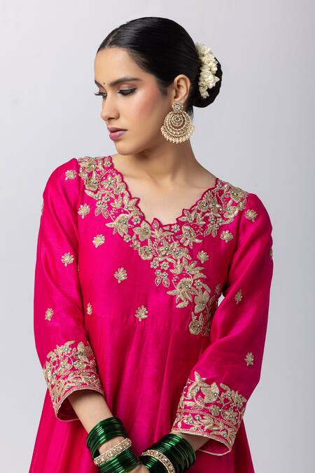 Buy Pants And Pajamas Pink Silk, Chanderi Embroidery V-neck Floral Angarkha Anarkali Set Online at Aza Fashions Buy_Pants And Pajamas_Pink Silk, Chanderi Embroidery V-neck Floral Angarkha Anarkali Set _Online_at_Aza_Fashions