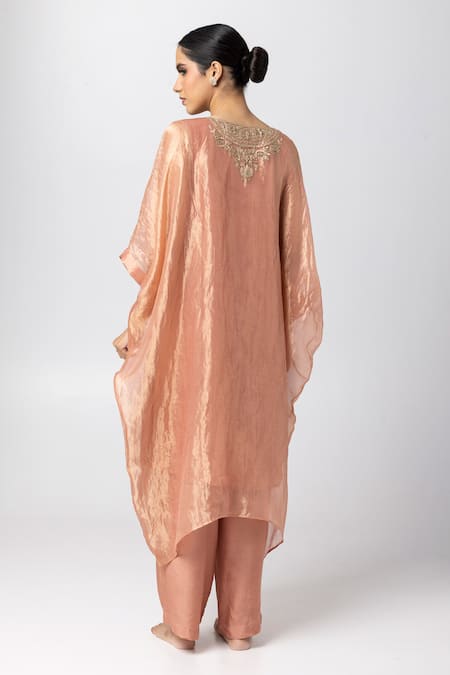 Shop_Pants And Pajamas_Pink Tissue, Cotton, Silk Embroidery Round Neck Kaftan Pant Set _at_Aza_Fashions
