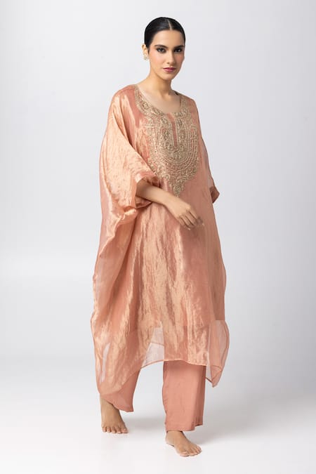 Buy_Pants And Pajamas_Pink Tissue, Cotton, Silk Embroidery Round Neck Kaftan Pant Set _Online_at_Aza_Fashions