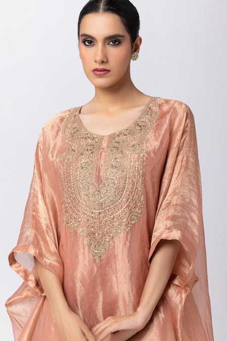 Shop_Pants And Pajamas_Pink Tissue, Cotton, Silk Embroidery Round Neck Kaftan Pant Set _Online_at_Aza_Fashions