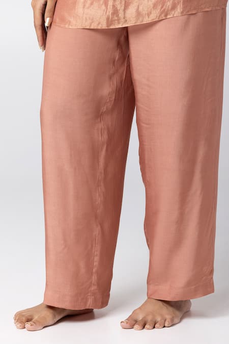 Pants And Pajamas_Pink Tissue, Cotton, Silk Embroidery Round Neck Kaftan Pant Set _at_Aza_Fashions