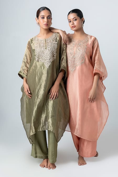 Pants And Pajamas Green Tissue, Silk, Cotton Sequins, Embroidery Round Neck Zari Kaftan Pant Set Online at Aza Fashions Pants And Pajamas_Green Tissue, Silk, Cotton Sequins, Embroidery Round Neck Zari Kaftan Pant Set _Online_at_Aza_Fashions