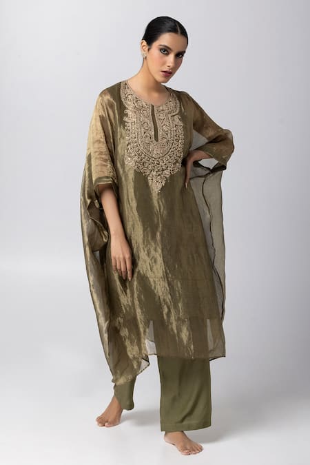 Pants and Pajamas Tissue Zari Embroidered Kaftan Pant Set 