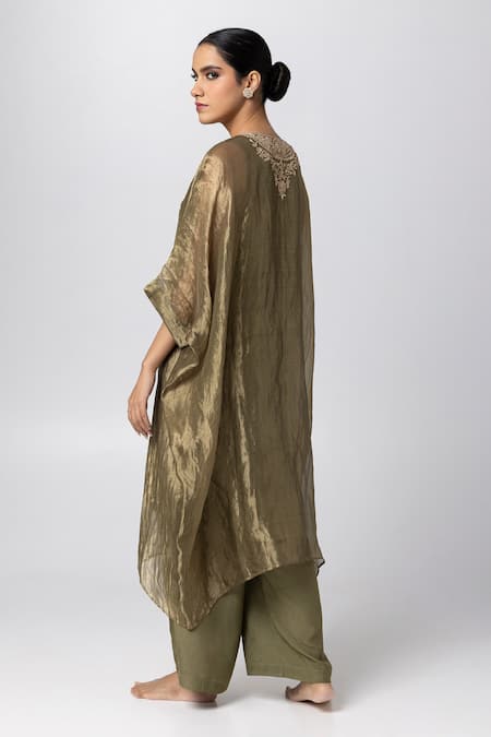 Shop Pants And Pajamas Green Tissue, Silk, Cotton Sequins, Embroidery Round Neck Zari Kaftan Pant Set at Aza Fashions Shop_Pants And Pajamas_Green Tissue, Silk, Cotton Sequins, Embroidery Round Neck Zari Kaftan Pant Set _at_Aza_Fashions