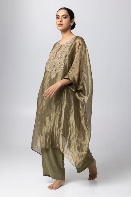 Buy Pants And Pajamas Green Tissue, Silk, Cotton Sequins, Embroidery Round Neck Zari Kaftan Pant Set Online at Aza Fashions Buy_Pants And Pajamas_Green Tissue, Silk, Cotton Sequins, Embroidery Round Neck Zari Kaftan Pant Set _Online_at_Aza_Fashions