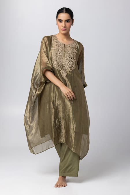 Shop Pants And Pajamas Green Tissue, Silk, Cotton Sequins, Embroidery Round Neck Zari Kaftan Pant Set Online at Aza Fashions Shop_Pants And Pajamas_Green Tissue, Silk, Cotton Sequins, Embroidery Round Neck Zari Kaftan Pant Set _Online_at_Aza_Fashions