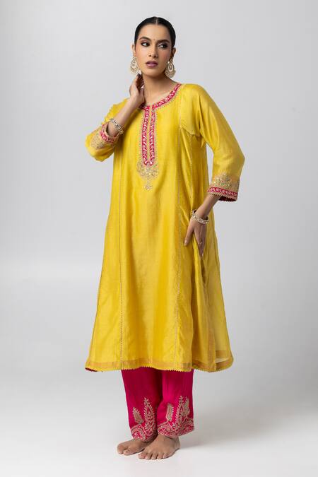 Shop Pants And Pajamas Yellow Silk, Chanderi, , Voile, Satin Lace Work Kurta Salwar Set Online at Aza Fashions Shop_Pants And Pajamas_Yellow Silk, Chanderi, , Voile, Satin Lace Work Kurta Salwar Set _Online_at_Aza_Fashions