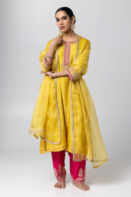 Pants And Pajamas Yellow Silk, Chanderi, , Voile, Satin Lace Work Kurta Salwar Set at Aza Fashions Pants And Pajamas_Yellow Silk, Chanderi, , Voile, Satin Lace Work Kurta Salwar Set _at_Aza_Fashions