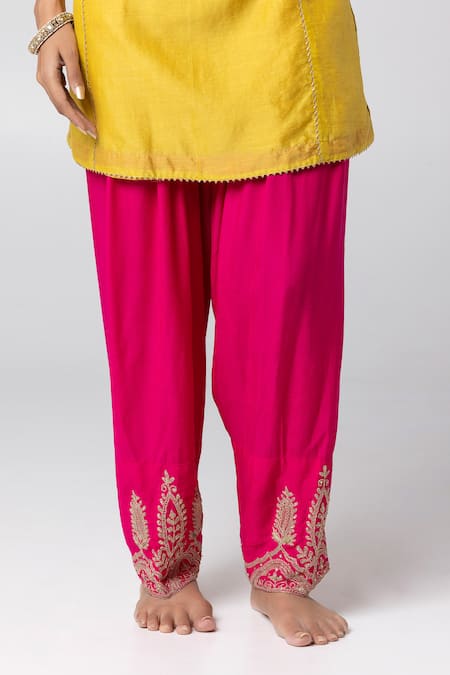 Buy Pants And Pajamas Yellow Silk, Chanderi, , Voile, Satin Lace Work Kurta Salwar Set Buy_Pants And Pajamas_Yellow Silk, Chanderi, , Voile, Satin Lace Work Kurta Salwar Set