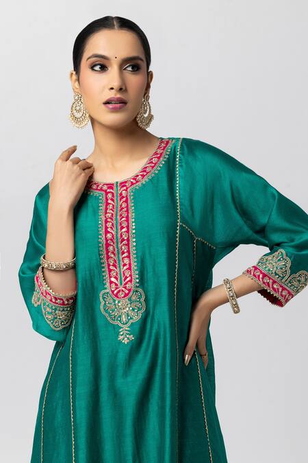 Shop Pants And Pajamas Green Silk, Chanderi, Cotton Sequins, Thread And Yoke Kurta Salwar Set Online at Aza Fashions Shop_Pants And Pajamas_Green Silk, Chanderi, Cotton Sequins, Thread And Yoke Kurta Salwar Set _Online_at_Aza_Fashions