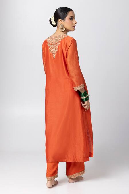 Shop Pants And Pajamas Orange , Cotton, Organza Embroidery, Sequins Round Yoke Kurta Pant Set at Aza Fashions Shop_Pants And Pajamas_Orange , Cotton, Organza Embroidery, Sequins Round Yoke Kurta Pant Set _at_Aza_Fashions