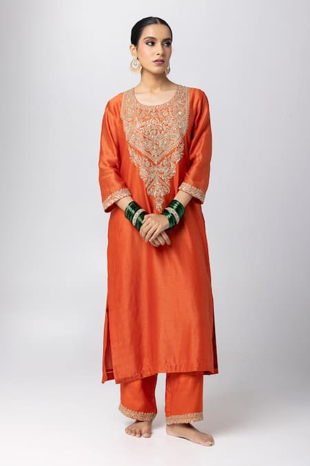 Pants And Pajamas Orange , Cotton, Organza Embroidery, Sequins Round Yoke Kurta Pant Set Online at Aza Fashions Pants And Pajamas_Orange , Cotton, Organza Embroidery, Sequins Round Yoke Kurta Pant Set _Online_at_Aza_Fashions